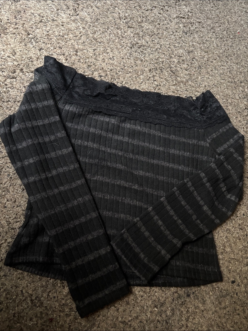 SHEIN Black Ribbed Off-the-Shoulder Lace-Trim Sweater